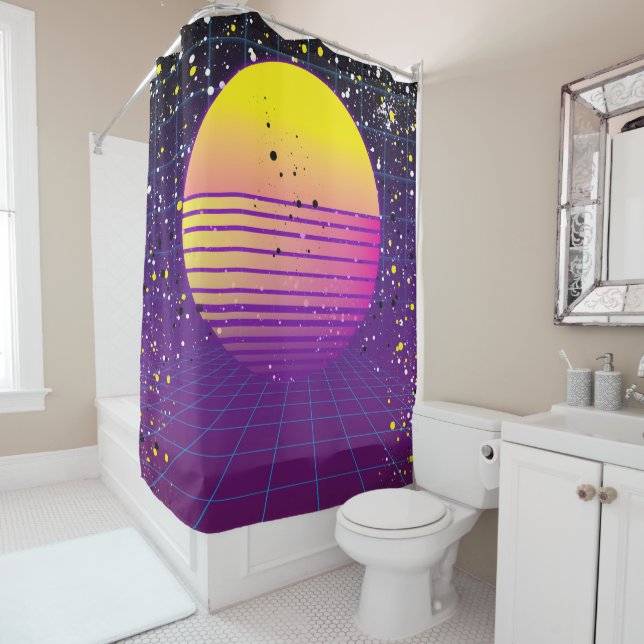 Retro 80's Purple Yellow Sun Shower Curtain (In Situ)