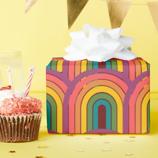 Retro 80s Rainbow Maroon Wrapping Paper (Birthday Party)