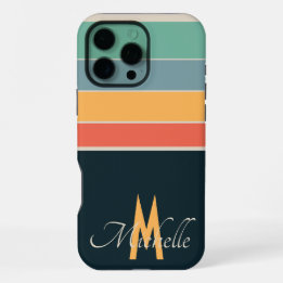 Retro 80s Stripes Navy Blue Aesthetic Custom Name iPhone 16 Pro Max Case