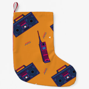 Retro 80s style background, colourful. small christmas stocking