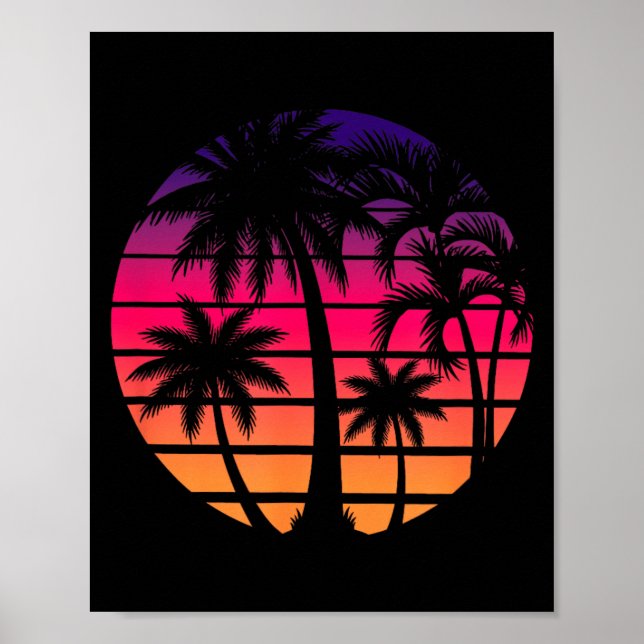 Retro 80s Sunset Palm Tree Beach Vacation Art Poster (Front)