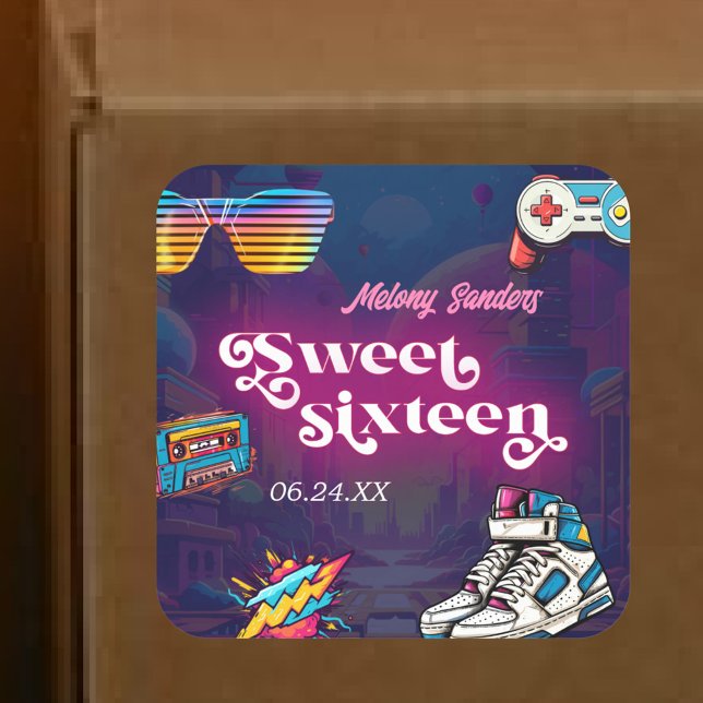 Retro 80's Sweet 16 Birthday Party Square Sticker (Creator Uploaded)