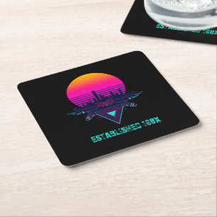 Retro 80s Synthwave City Neon Desk Mat Square Paper Coaster