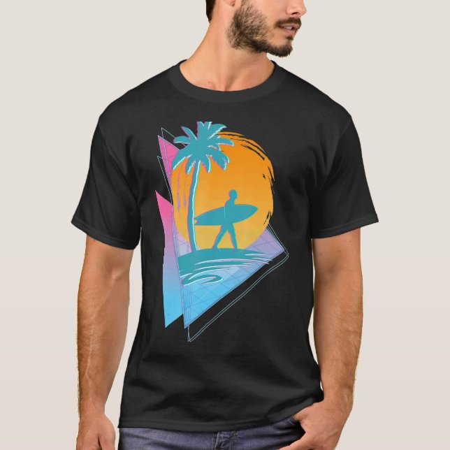 Retro 80s Synthwave Surfing Surfer Palm Trees Vapo T-Shirt (Front)