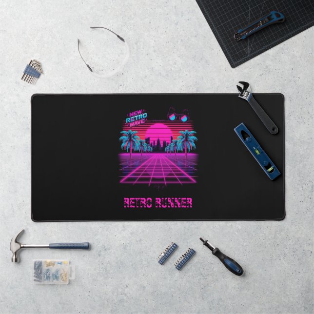 Retro 80s Synthwave Vaporwave Neon Grid Landscape Desk Mat (Workstation)
