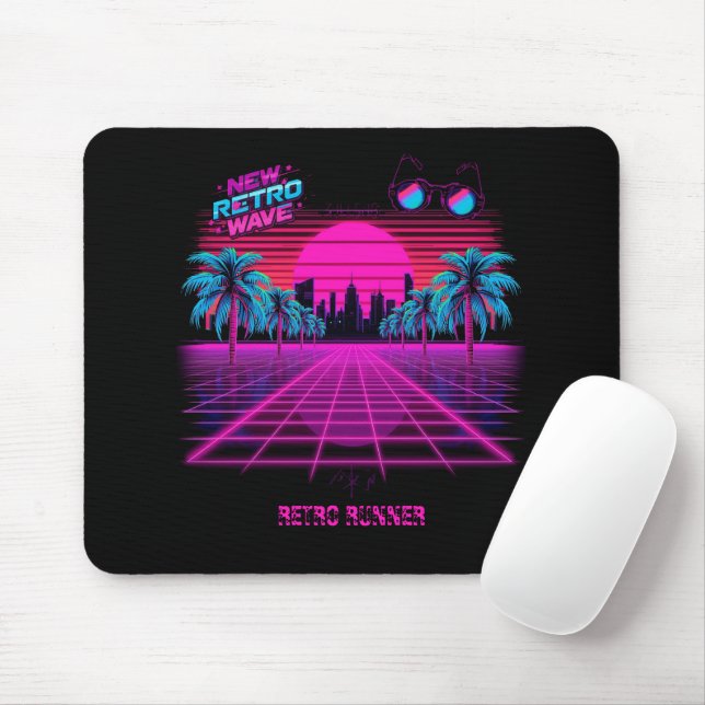 Retro 80s Synthwave Vaporwave Neon Grid Landscape Mouse Mat (With Mouse)