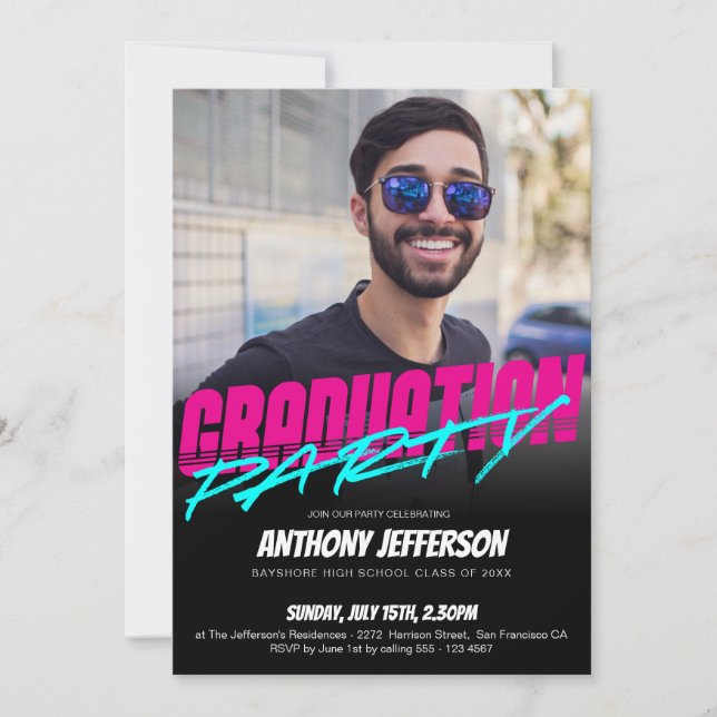 Retro 80s Typography Neon Fun Graduation Custom Invitation (Front)