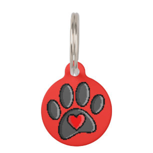 Retro 80s Video Game 8 Bit Pixel Art Dog Paw Print Pet Tag