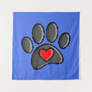 Retro 80s Video Game 8 Bit Pixel Art Dog Paw Print Tapestry