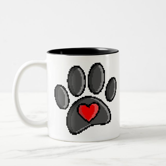 Retro 80s Video Game 8 Bit Pixel Art Dog Paw Two-Tone Coffee Mug (Left)