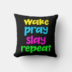 Retro 80's Vintage Neon Sign Wake Pray Slay Repeat Cushion
