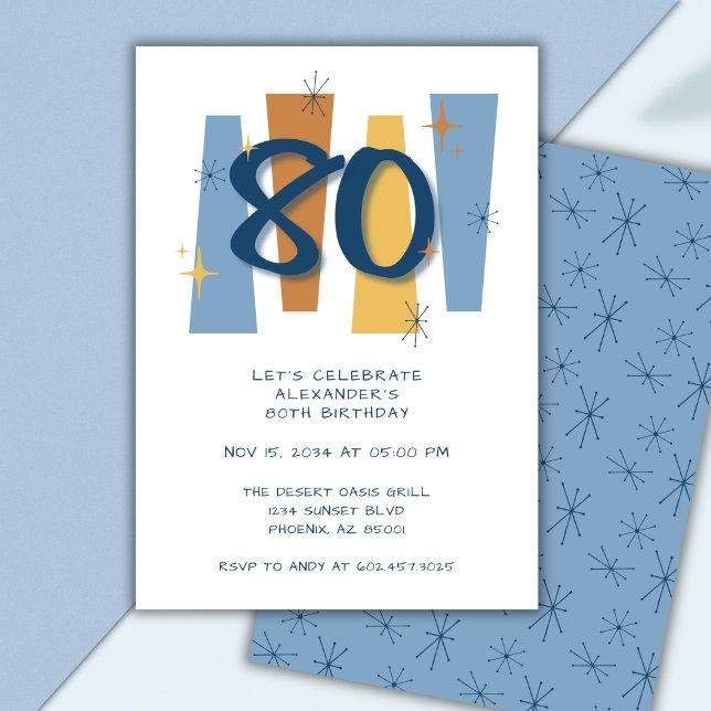 Retro 80th Birthday Midcentury Modern Blue Invitation (Creator Uploaded)