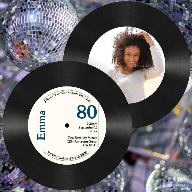 Retro 80th Birthday Photo Faux Vinyl Record Music Invitation (Creator Uploaded)