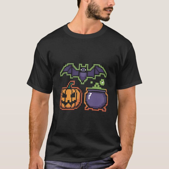 Retro 8-Bit Halloween T-Shirt | Pixel Art Pumpkin, (Front)
