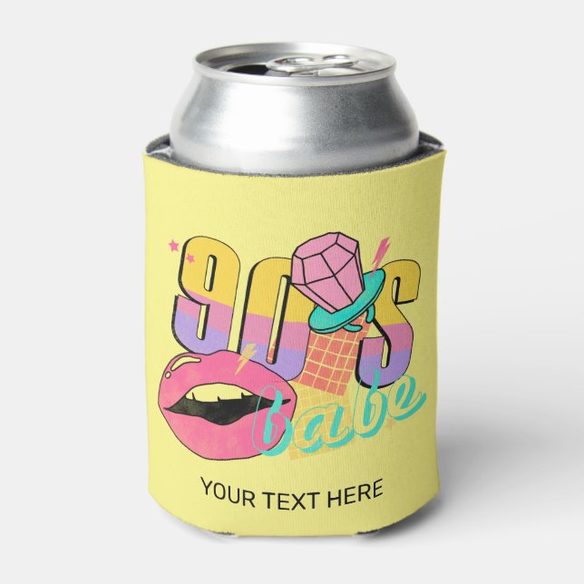 Retro 90's Babe Lips Ring Pop Yellow Teal Name Can Cooler (Can Front)