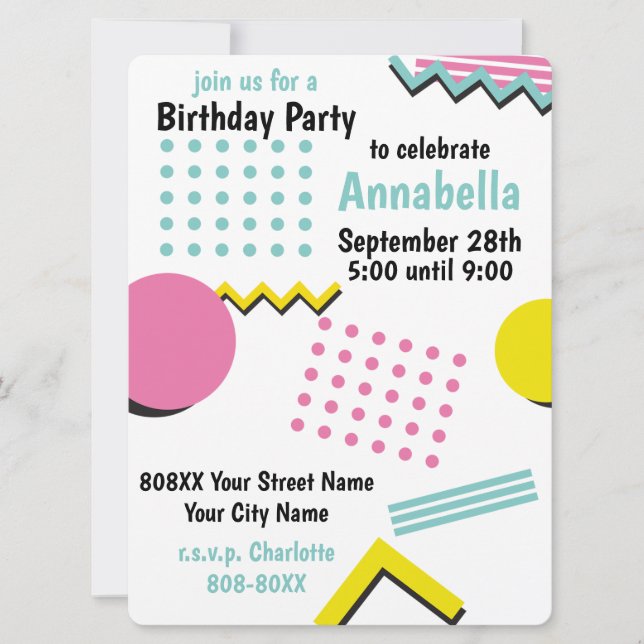 Retro 90s Birthday Nostalgia Memphis Pattern Invitation (Front)