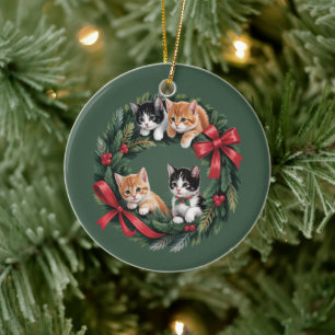Retro 90s Cat Christmas Wreath Retro Cats Lover Ceramic Tree Decoration
