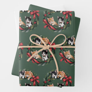 Retro 90s Cat Christmas Wreath Retro Cats Lover Wrapping Paper Sheet
