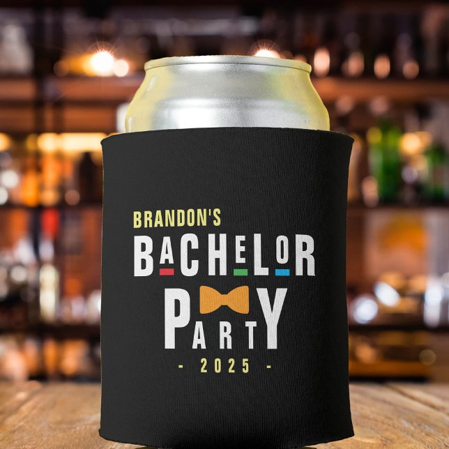 Retro 90s Colourful Bowtie Bachelor Party Black Can Cooler (Retro 90s Colorful Bowtie Bachelor Party Black Can Cooler
)