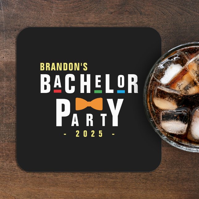 Retro 90s Colourful Bowtie Bachelor Party Black Square Paper Coaster (Creator Uploaded)