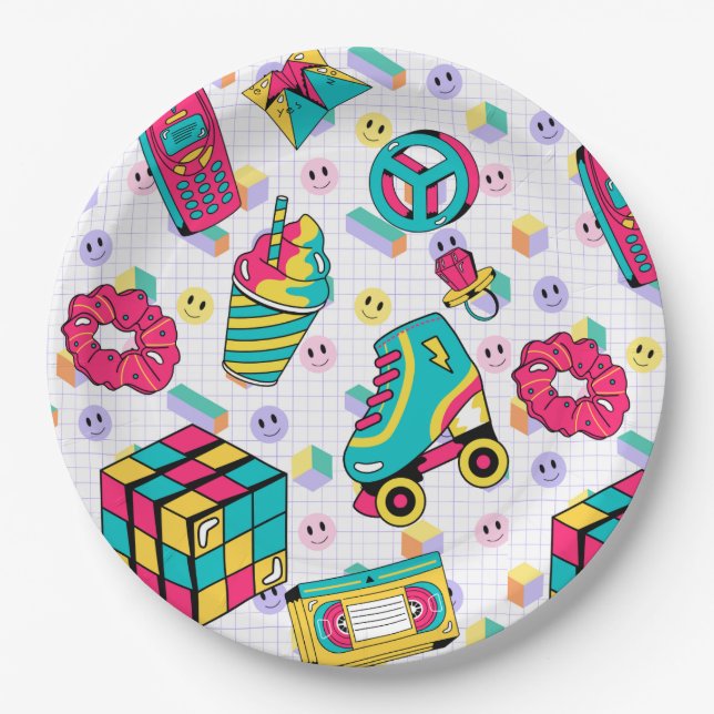 Retro 90s Funky Neon Glow Birthday Paper Plate (Front)