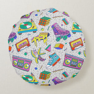 Retro 90s Skate Party Pattern Round Cushion