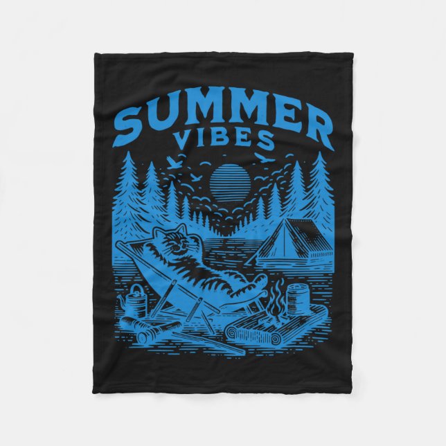 Retro 90s Summer Vibes Cat Camping Funny Cat Meme  Fleece Blanket (Front)