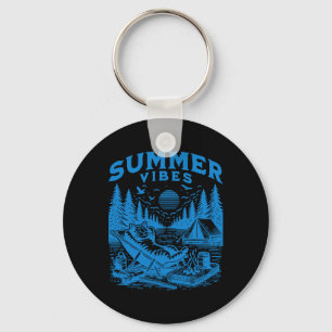 Retro 90s Summer Vibes Cat Camping Funny Cat Meme  Key Ring