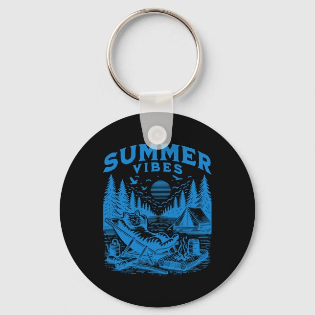 Retro 90s Summer Vibes Cat Camping Funny Cat Meme  Key Ring (Front)