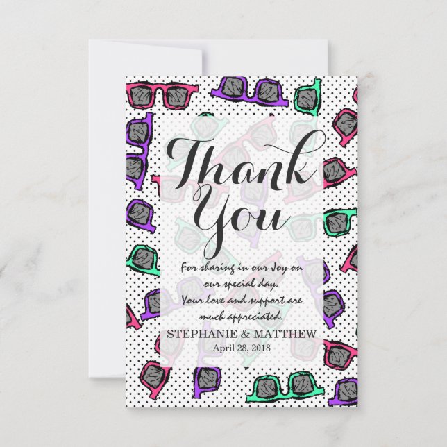 Retro 90s Sunglasses Sketched in Pink Teal Purple Thank You Card (Front)