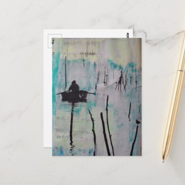 Retro A Boat and a Bird Black White Blue  Postcard (Front/Back In Situ)