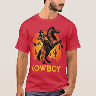 Retro A Man Ride A Horse Sunrise Background Cowboy T-Shirt