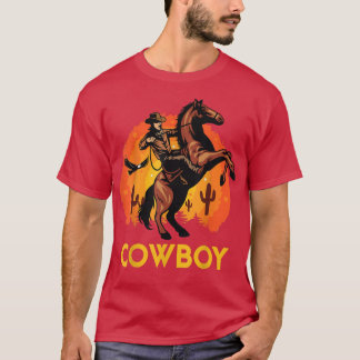 Retro A Man Ride A Horse Sunrise Background Cowboy T-Shirt