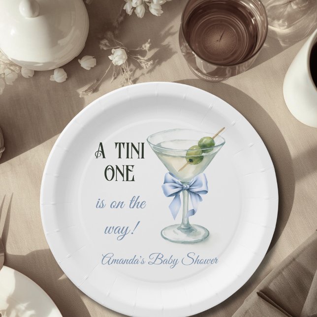 Retro A Tini One Martini Blue Bow Boy Baby Shower Paper Plate (Creator Uploaded)