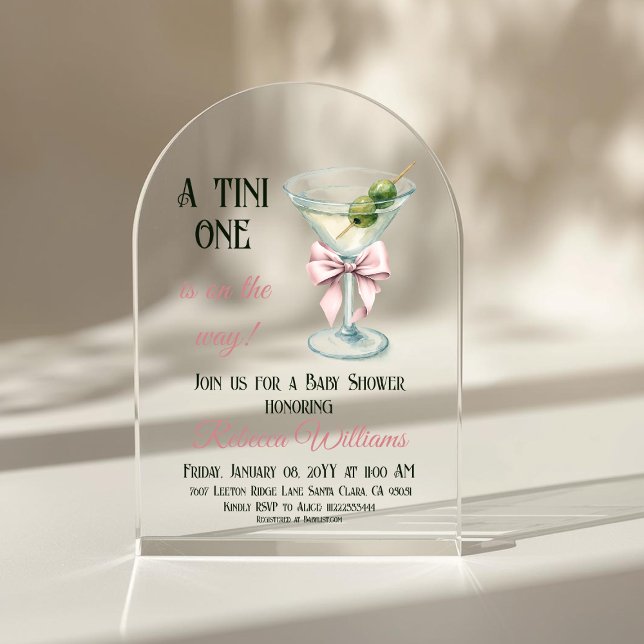 Retro A Tini One Martini Pink Bow Girl Baby Shower Acrylic Invitations (Creator Uploaded)