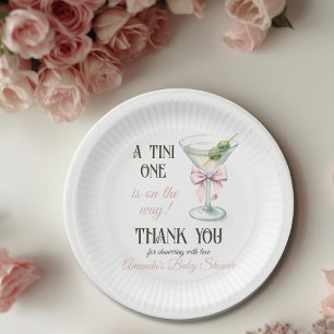 Retro A Tini One Martini Pink Bow Girl Baby Shower Paper Plate