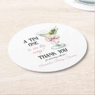Retro A Tini One Martini Pink Bow Girl Baby Shower Round Paper Coaster