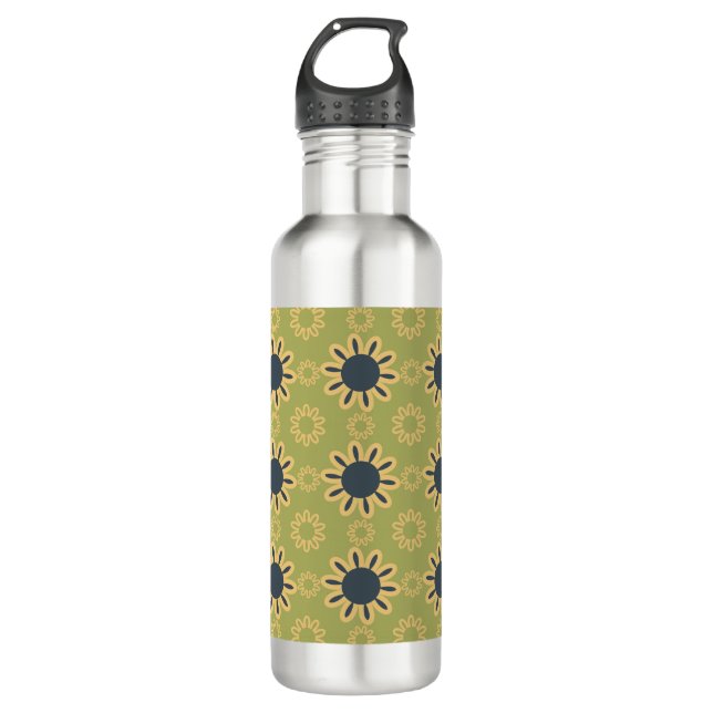 Retro Abstract Black and Yellow Flowers Pattern 710 Ml Water Bottle (Front)