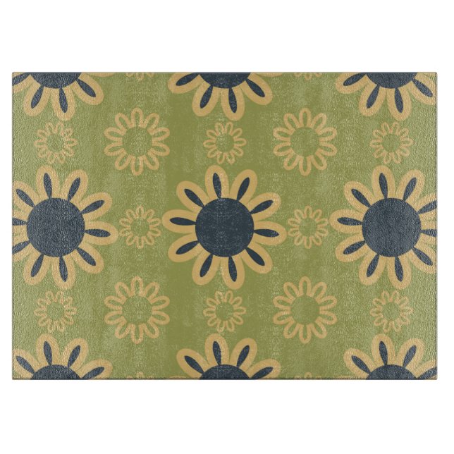 Retro Abstract Black and Yellow Flowers Pattern Cutting Board (Front)