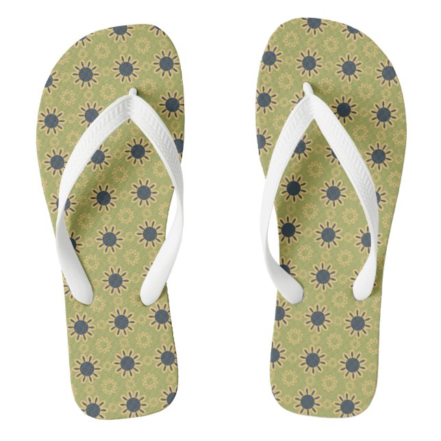 Retro Abstract Black and Yellow Flowers Pattern Flip Flops (Footbed)