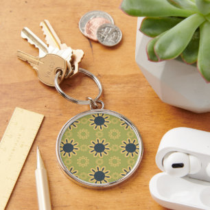 Retro Abstract Black and Yellow Flowers Pattern Key Ring