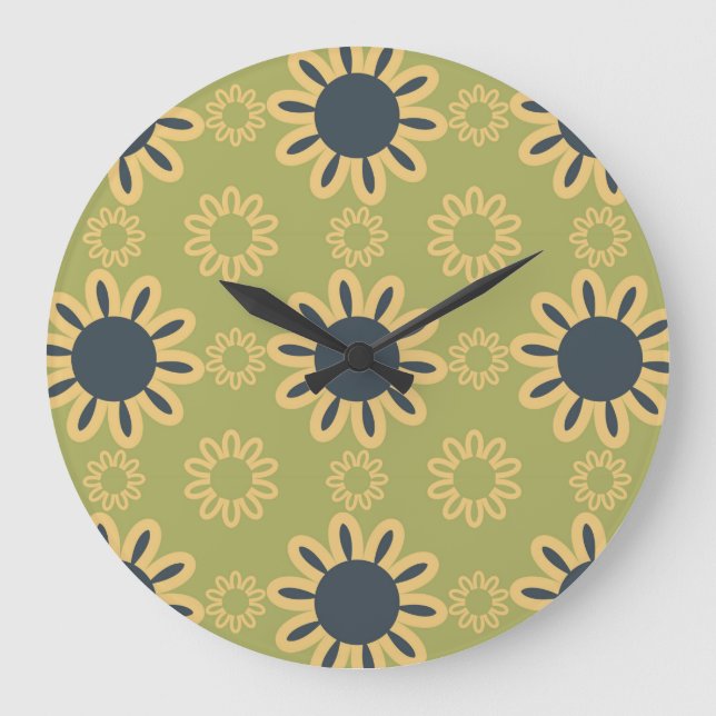 Retro Abstract Black and Yellow Flowers Pattern Large Clock (Front)