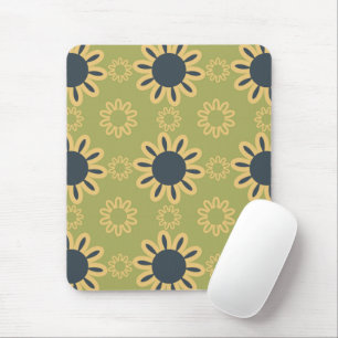 Retro Abstract Black and Yellow Flowers Pattern Mouse Mat