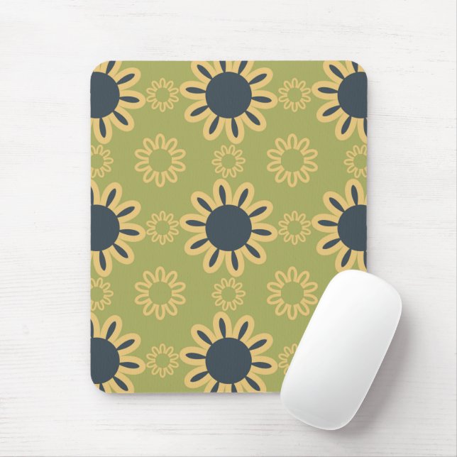 Retro Abstract Black and Yellow Flowers Pattern Mouse Mat (With Mouse)