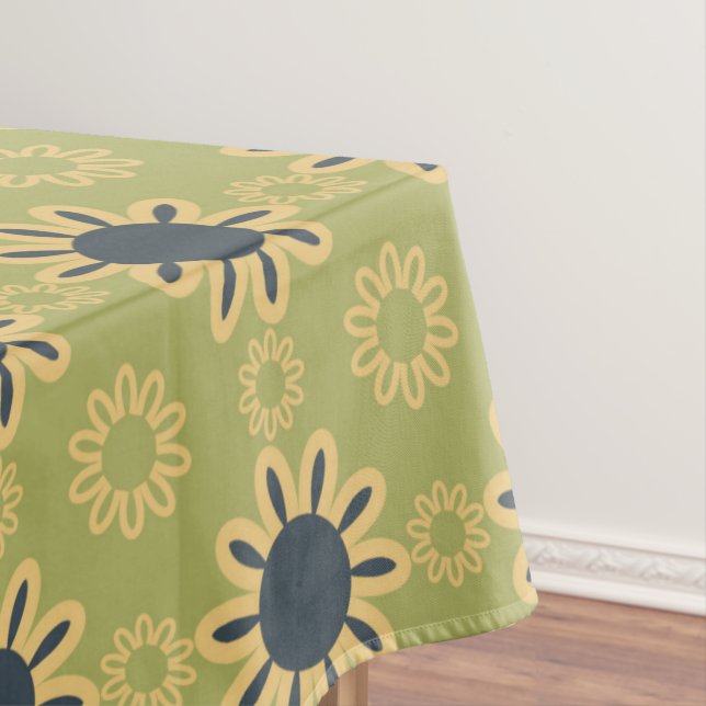 Retro Abstract Black and Yellow Flowers Pattern Tablecloth (In Situ)