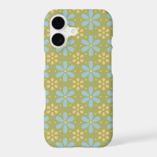 Retro Abstract Blue and Yellow Flowers on Green