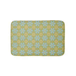 Retro Abstract Blue and Yellow Flowers on Green Bath Mat