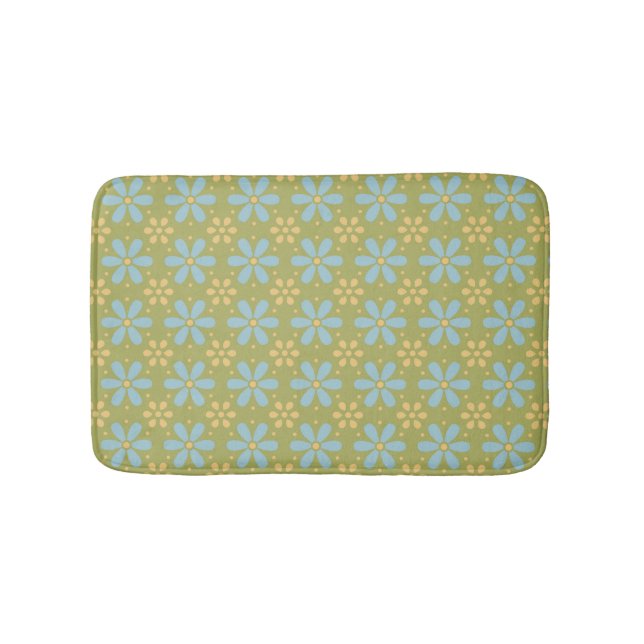 Retro Abstract Blue and Yellow Flowers on Green Bath Mat (Front)