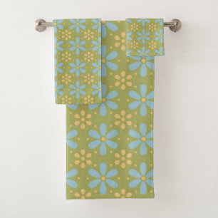 Retro Abstract Blue and Yellow Flowers on Green Bath Towel Set
