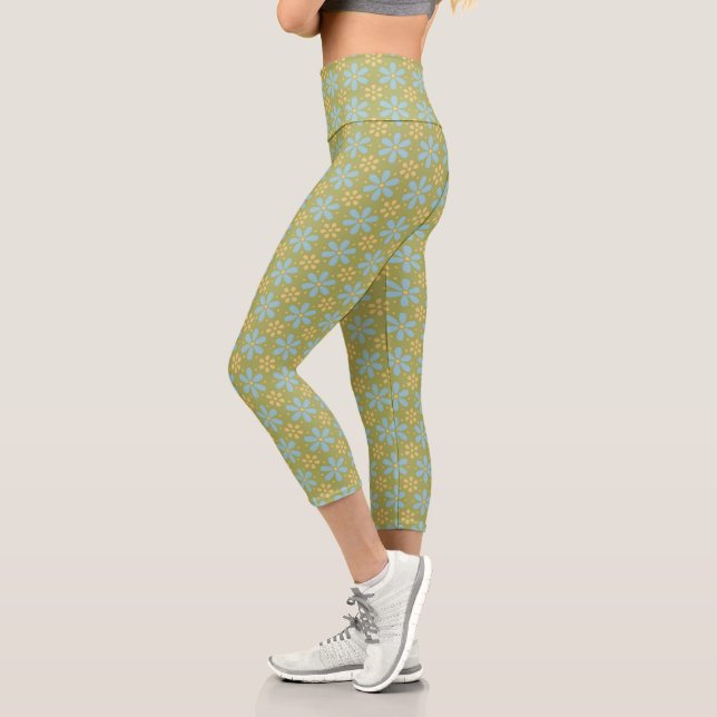 Retro Abstract Blue and Yellow Flowers on Green Capri Leggings (Left)